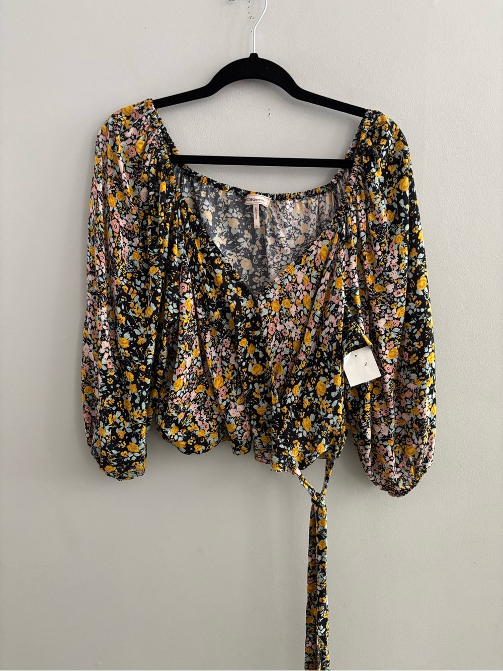 BCBGENERATION Black Multi Color Floral Wrap Blouse Long Sleeve NWT Size XL Luxe